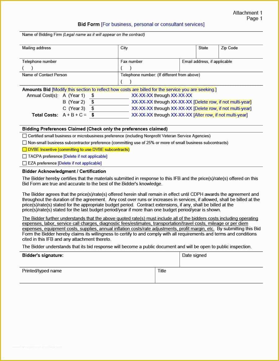 Bid form Template Free Of Construction Bid form Free Example Of Spreadshee