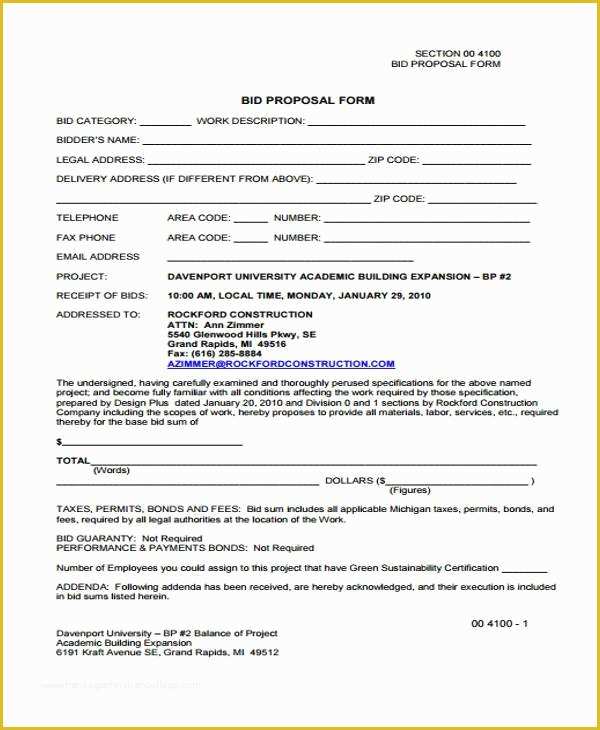 Bid form Template Free Of Proposal form Templates