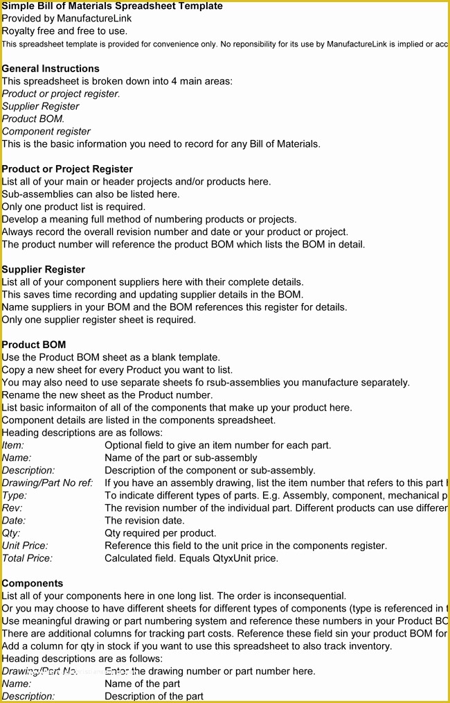 Bill Of Materials Template Free Of 8 Plus Bill Of Materials Examples and Samples