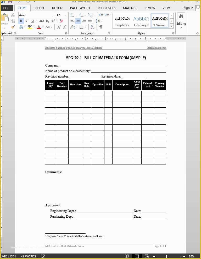 Bill Of Materials Template Free Of Bill Of Materials Report Template