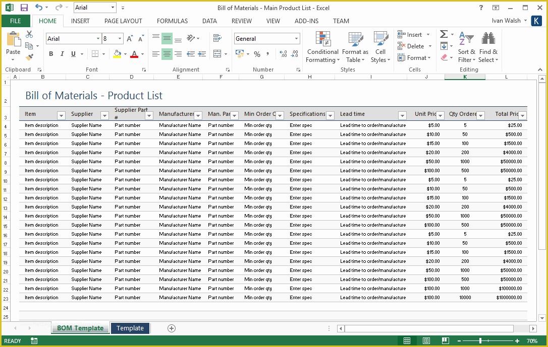 Bill Of Materials Template Free Of Bill Of Materials Template Ms Word Excel