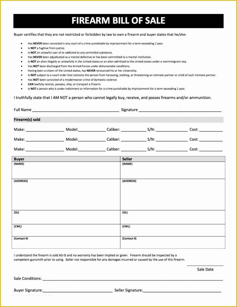 Bill Of Sale Free Template form Of 2018 Firearm Bill Of Sale form Fillable Printable Pdf