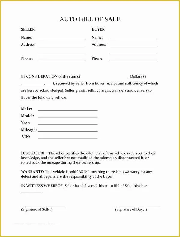 Bill Of Sale Free Template form Of Bill Of Sale form Template