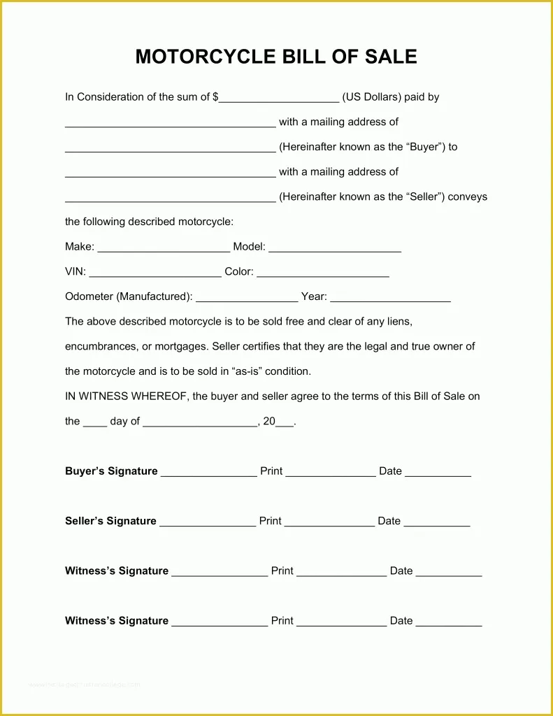 Bill Of Sale Free Template form Of Free Motorcycle Bill Of Sale Pdf format