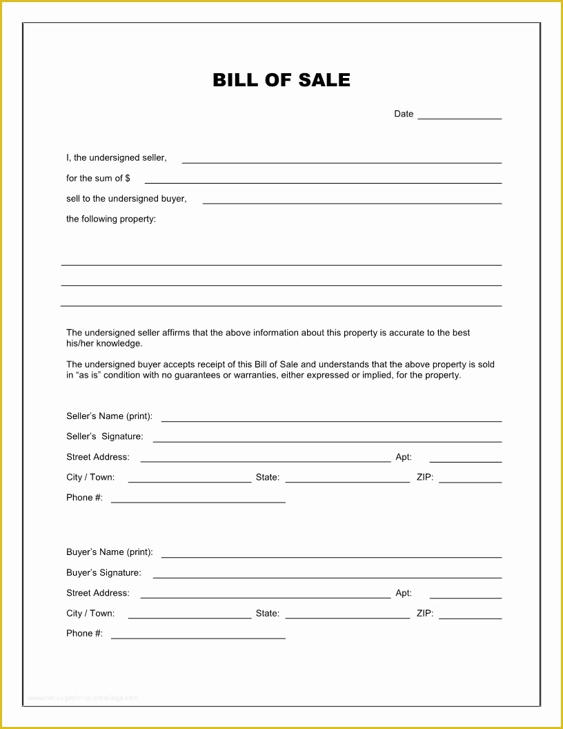 Bill Of Sale Free Template Form Of Free Printable Blank Bill Of Sale 