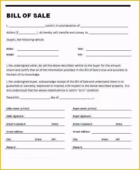 Bill Of Sale Free Template form Of Free Printable Car Bill Of Sale form Generic