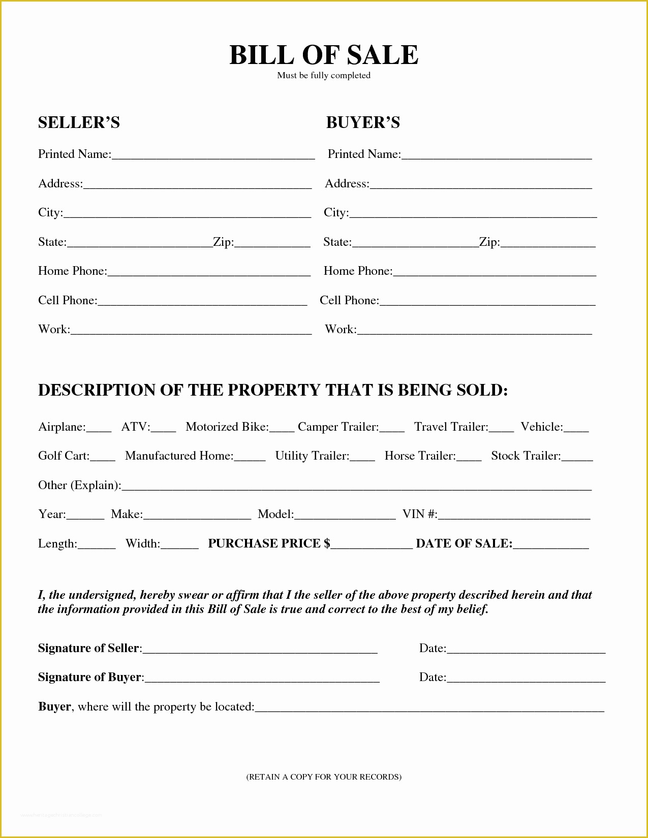 Bill Of Sale Free Template form Of Free Printable Equipment Bill Sale Template form Generic