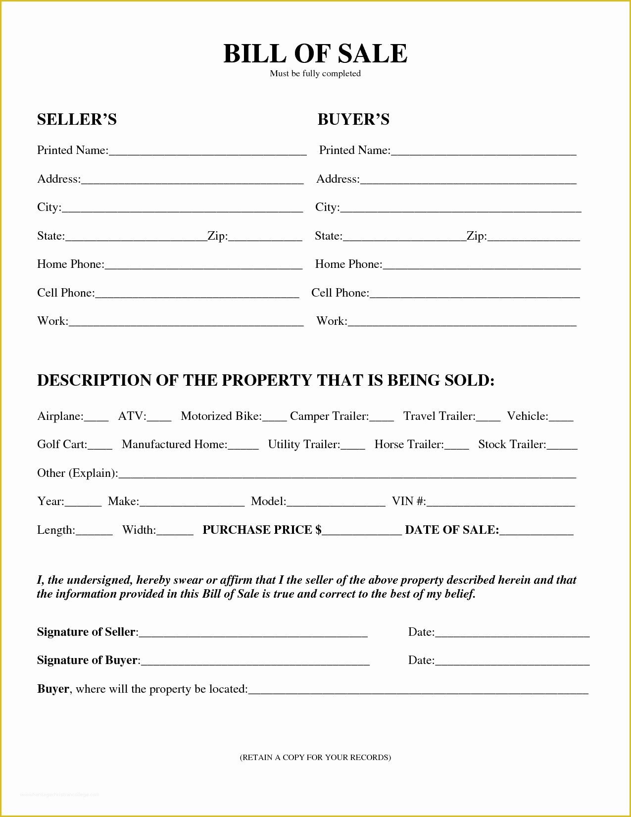 Bill Of Sale Free Template Form Of Free Printable Equipment Bill Sale 