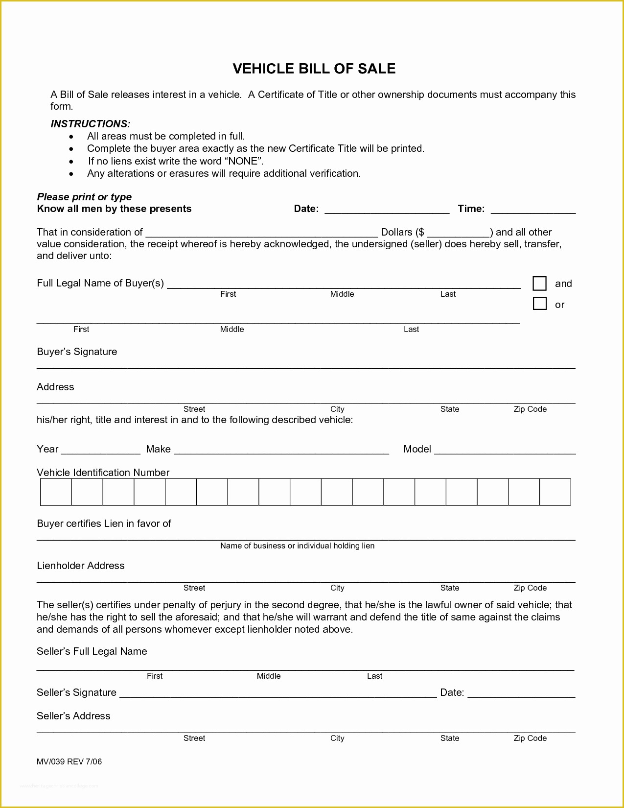Bill Of Sale Free Template form Of Free Printable Free Car Bill Of Sale Template form Generic
