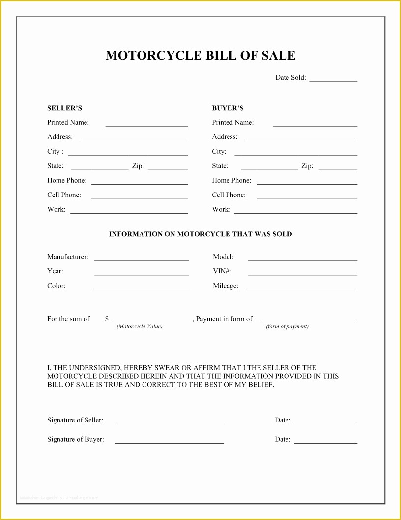Bill Of Sale Free Template form Of Free Printable Motorcycle Bill Of Sale form Template