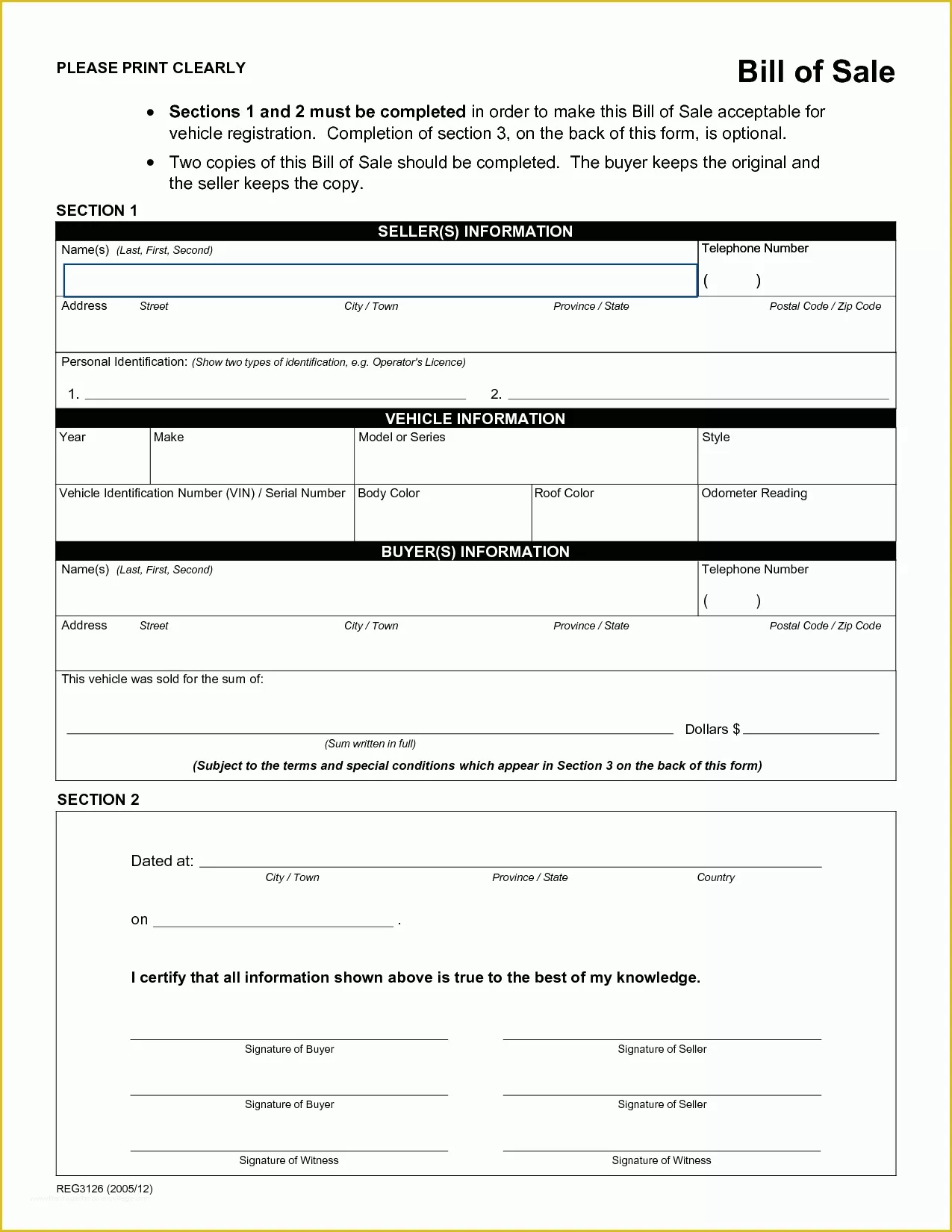 Bill Of Sale Free Template form Of Free Printable Rv Bill Of Sale form form Generic