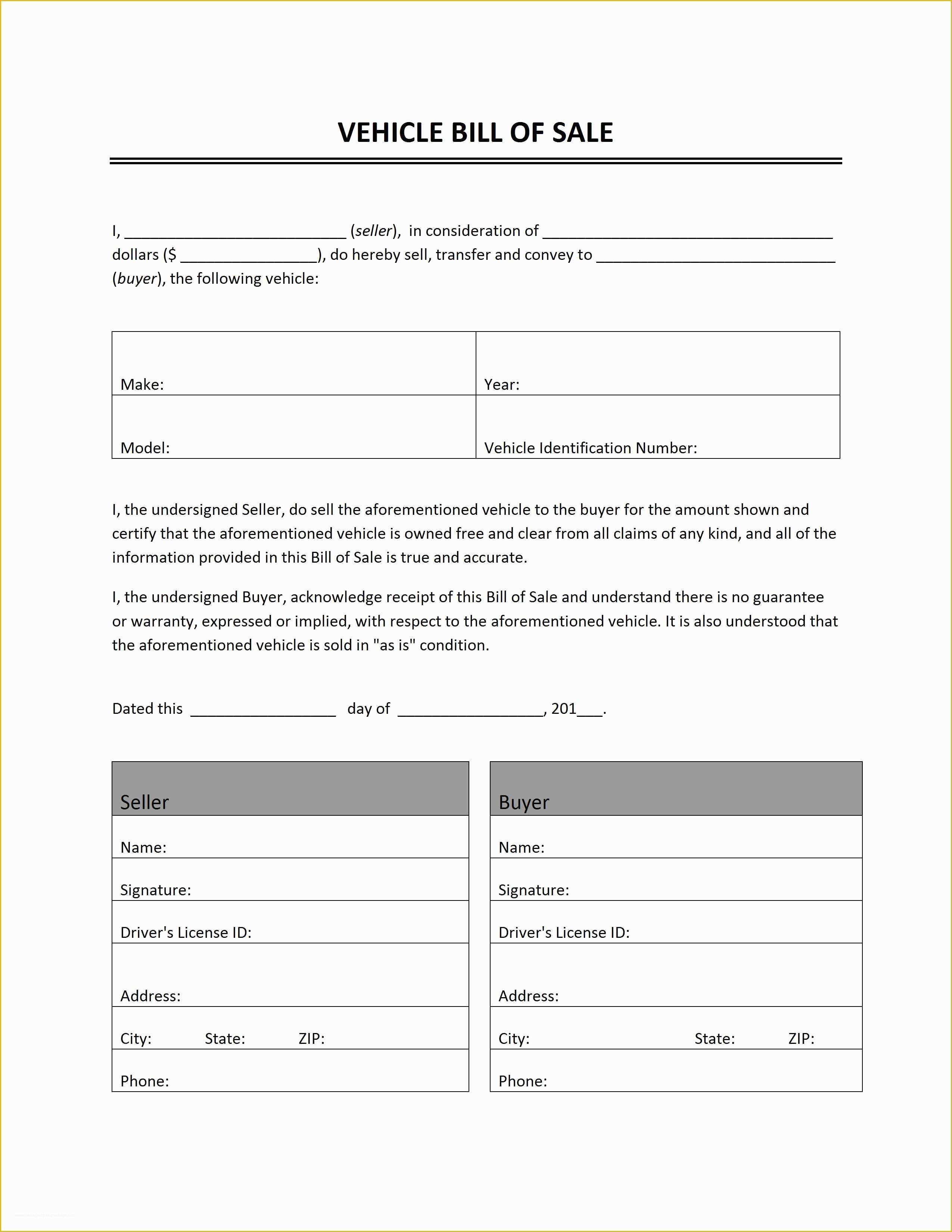 Bill Of Sale Free Template form Of Vehicle Bill Of Sale