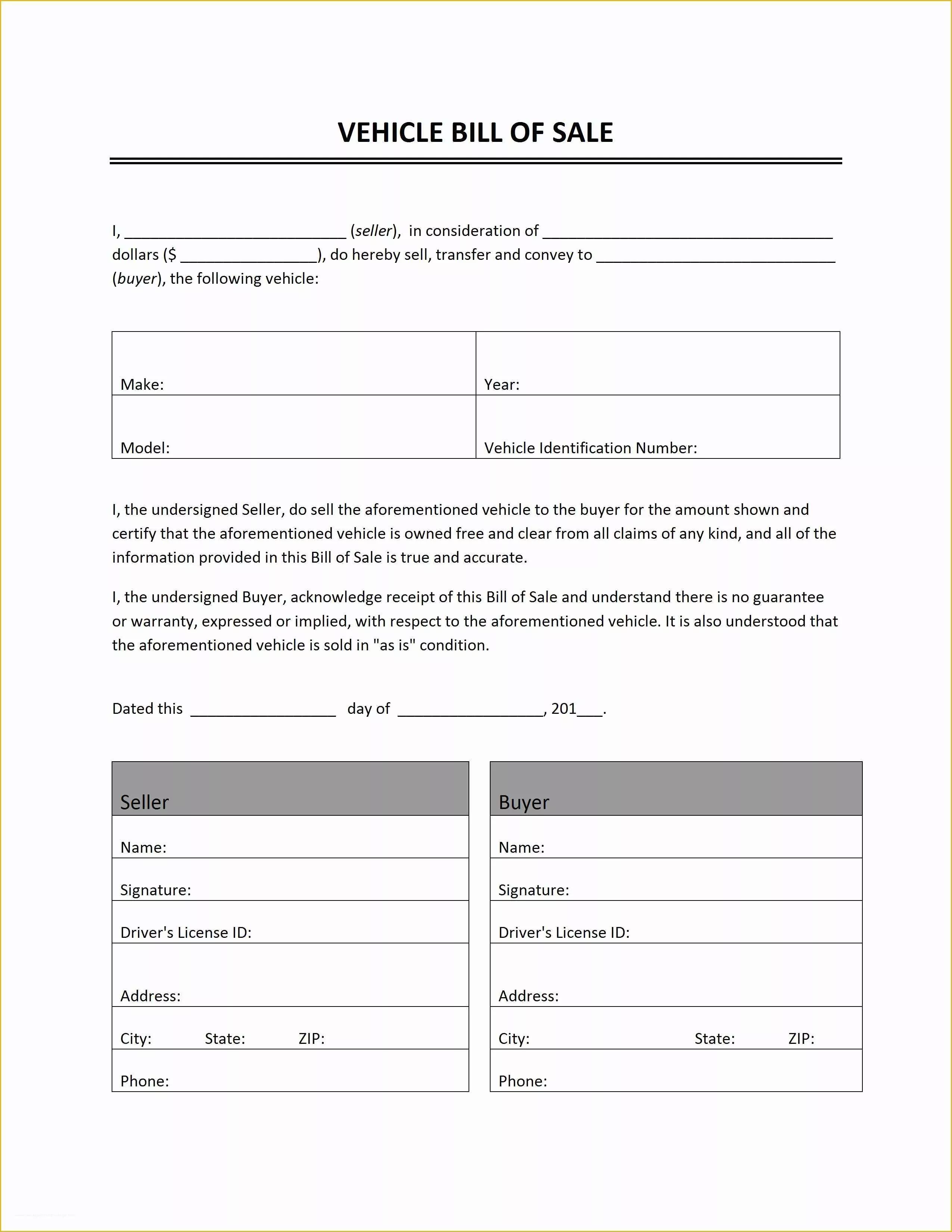 Bill Of Sale Free Template form Of Vehicle Bill Of Sale