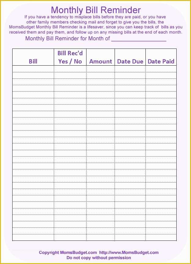 Bill Tracker Template Free Of Monthly Bill Reminder Free Printable Worksheet From