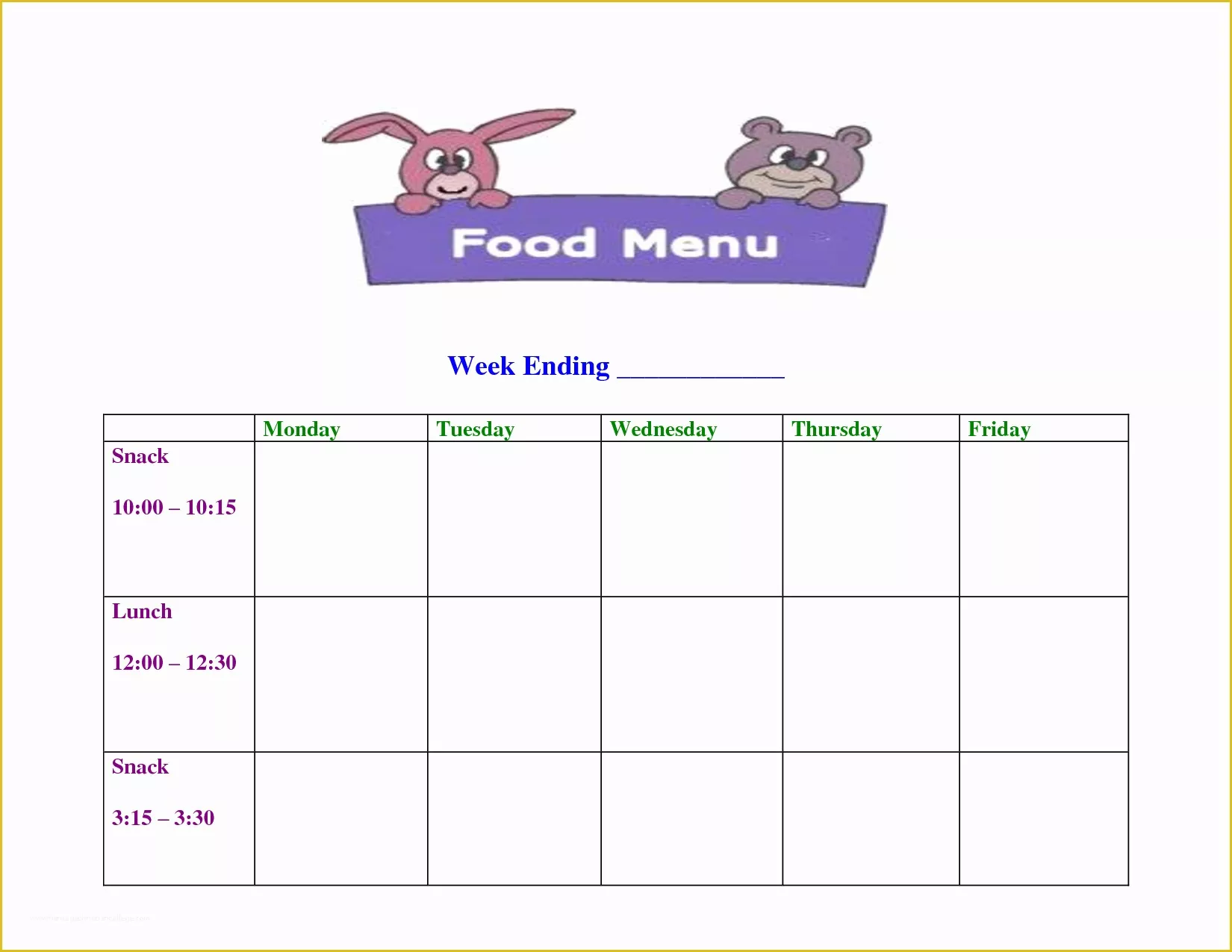 Blank Menu Template Free Of Printable Blank Day Care Menus to Pin On