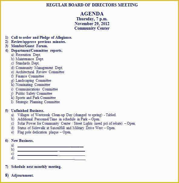 Board Of Directors Meeting Minutes Template Free Of Agenda for November 29 2012 Board Of Directors Meeting