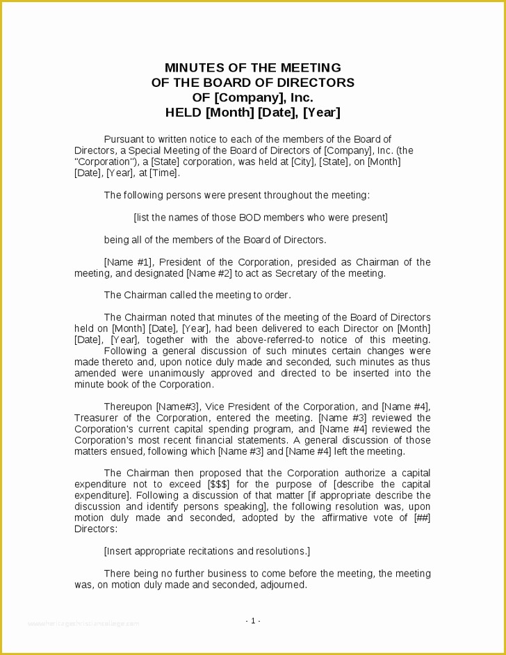 Board Of Directors Meeting Minutes Template Free Of Board Directors 