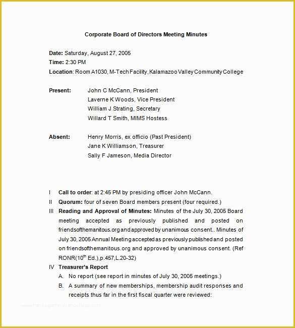 Board Of Directors Meeting Minutes Template Free Of Corporate Meeting Minutes Template 12 Free Sample