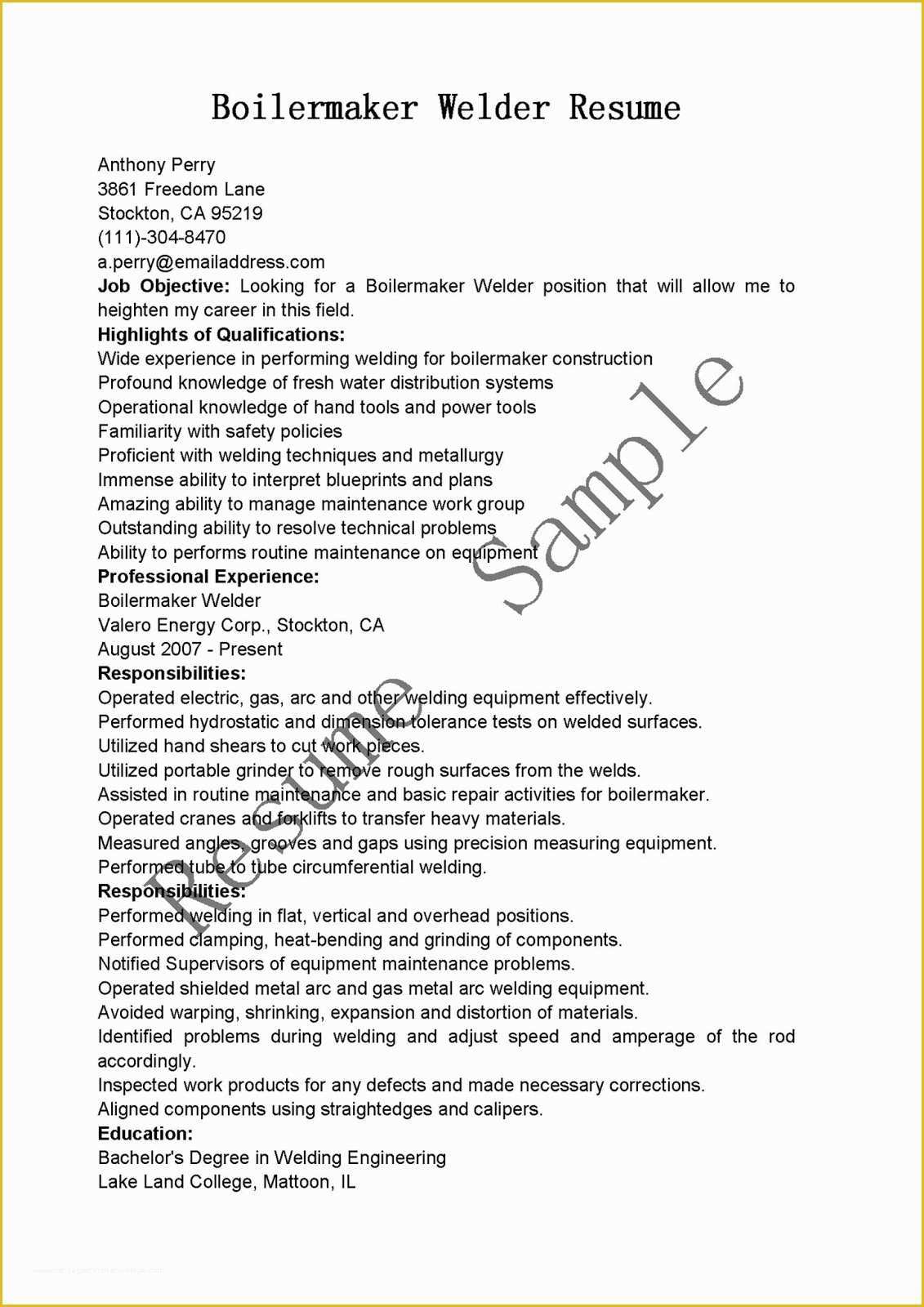 Boilermaker Resume Templates Free Of Resume Samples Boilermaker Welder Resume Sample