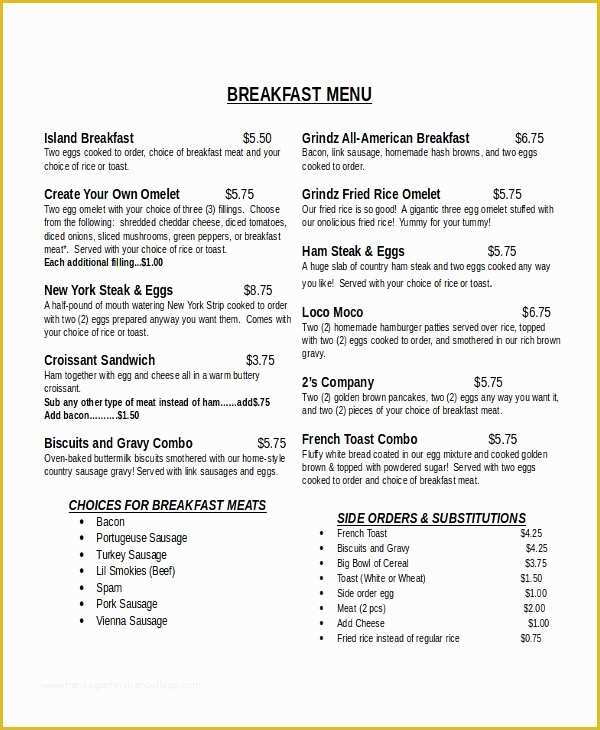 Breakfast Menu Template Free Of 30 Menu Templates Free Sample Example format