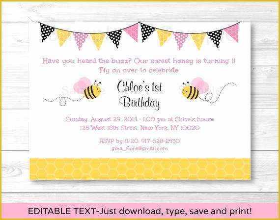 Bumble Bee Invitation Template Free Of Pink Bumble Bee Birthday Invitation Instant Download