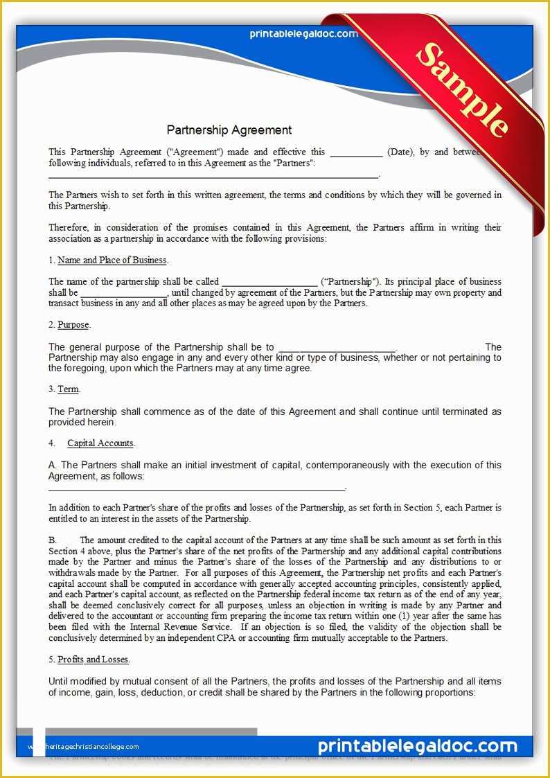 Business Partnership Agreement Template Free Of Free Printable Partnership Agreement form Generic