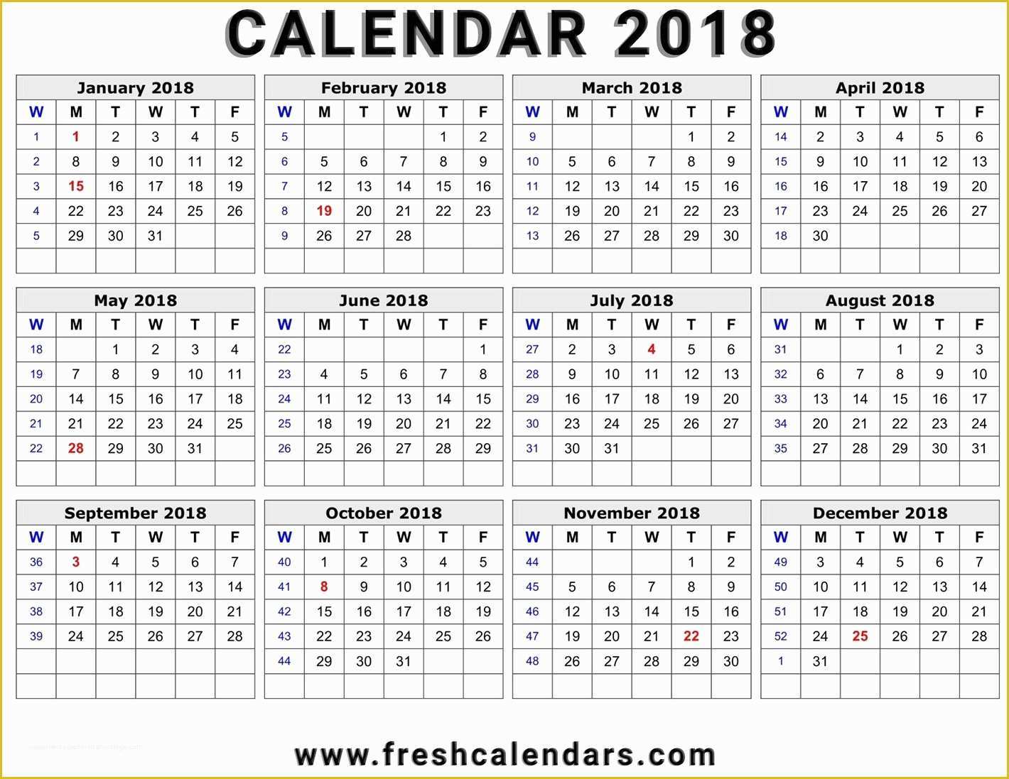 Calendar Template Free 2018 Of 2018 Calendar