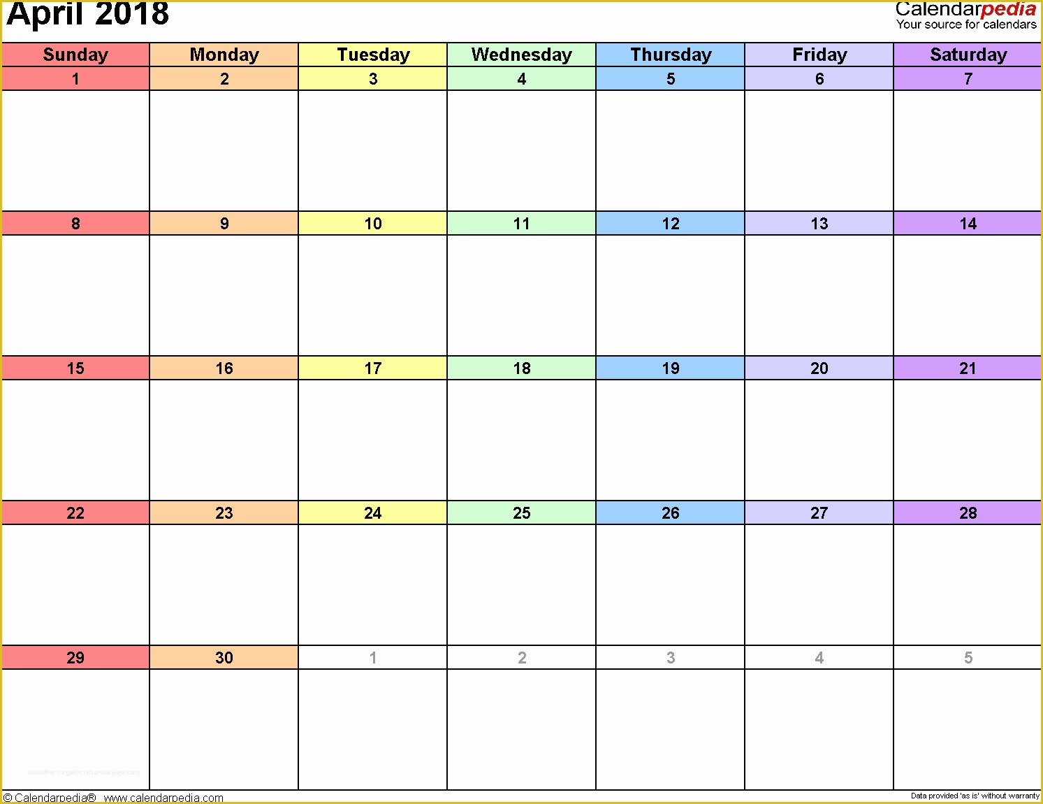 Calendar Template Free 2018 Of April 2018 Calendar Template