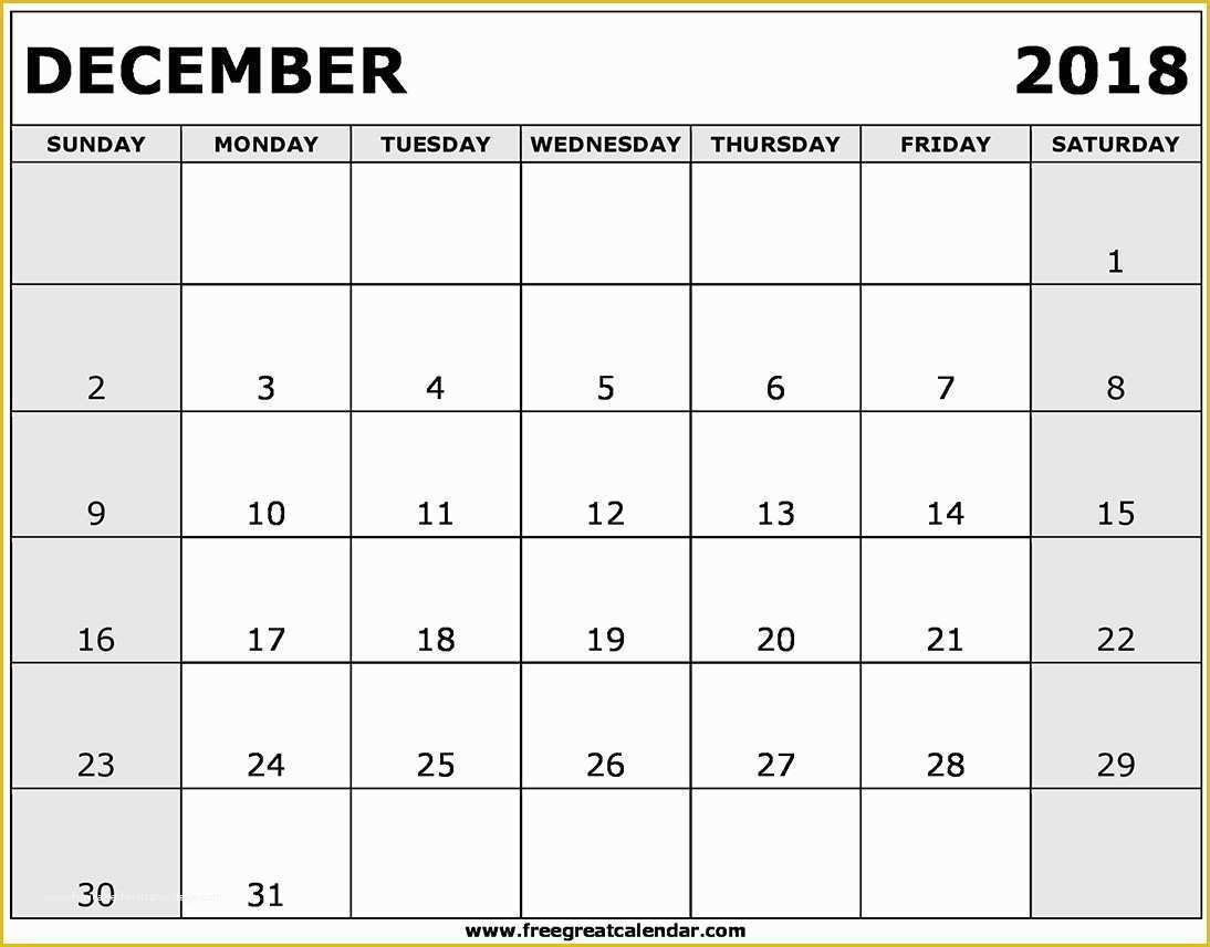 Calendar Template Free 2018 Of Blank December 2018 Calendar Printable