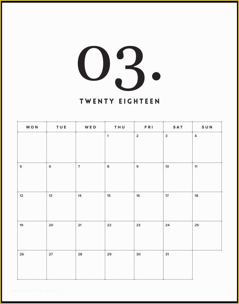 Calendar Template Free 2018 Of Free Printable Minimal Calendar 2018