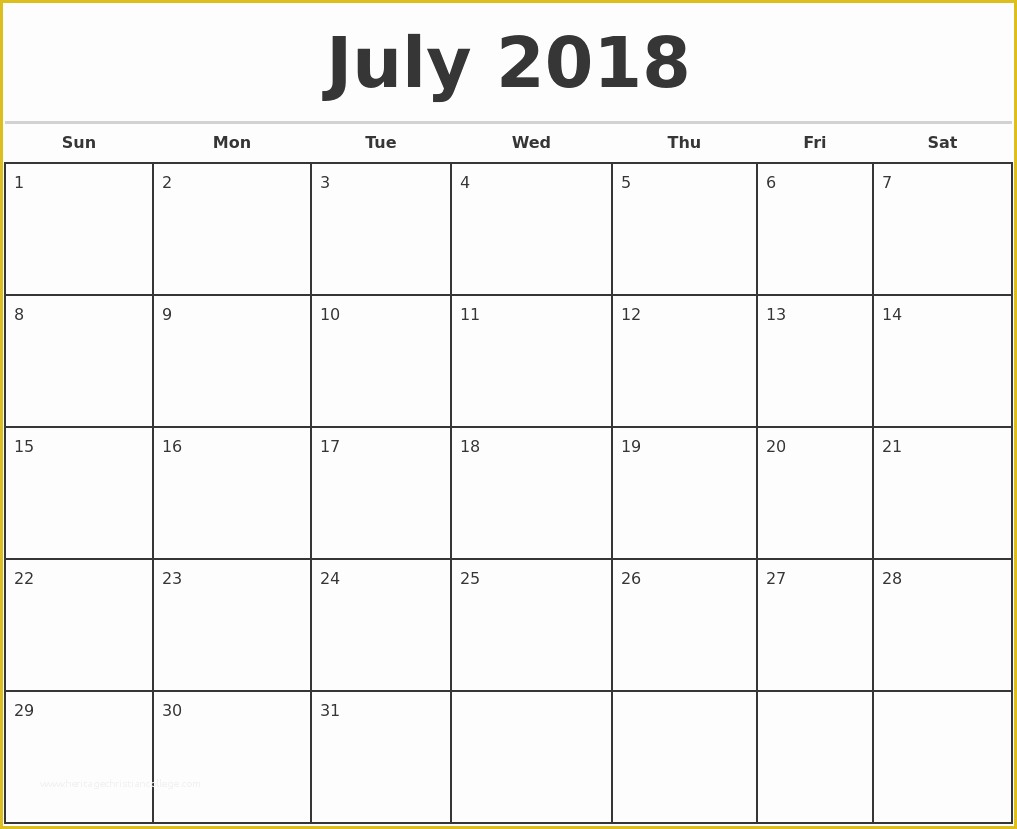 Calendar Template Free 2018 Of July 2018 Monthly Calendar Template Invoice