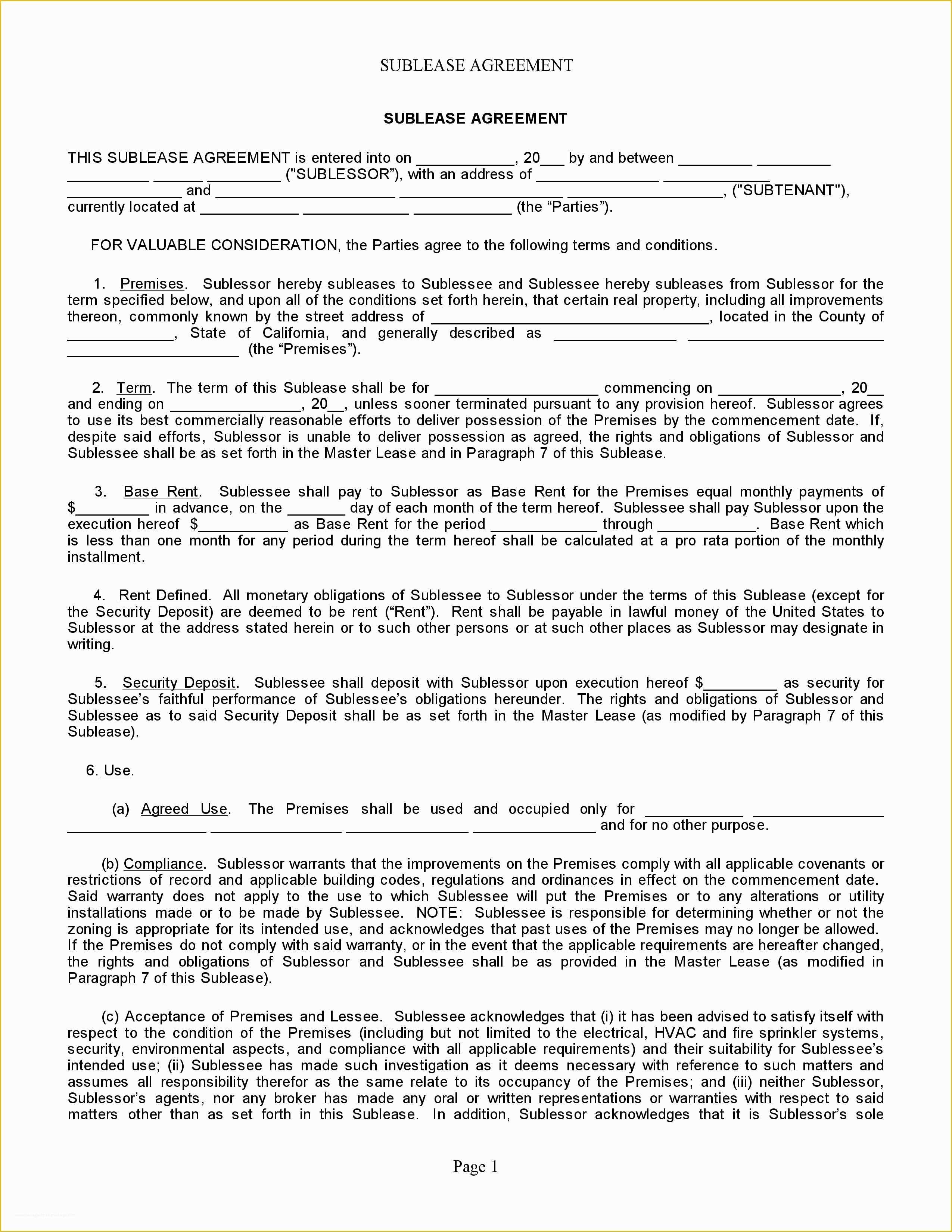 California Commercial Lease Agreement Template Free Of Free California Sublease Agreement Pdf Word