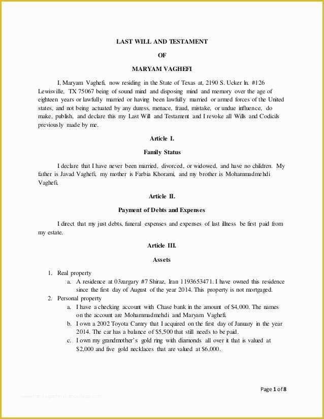 California Last Will and Testament Free Template Of Last Will and Testament Final