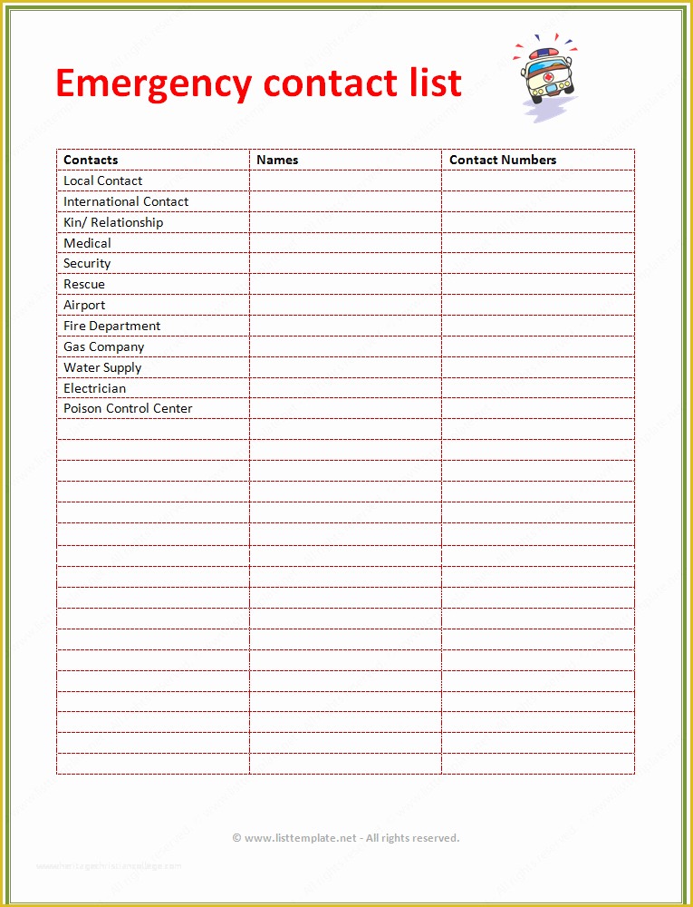 Call List Template Free Of Contact List Template for Emergency List Templates