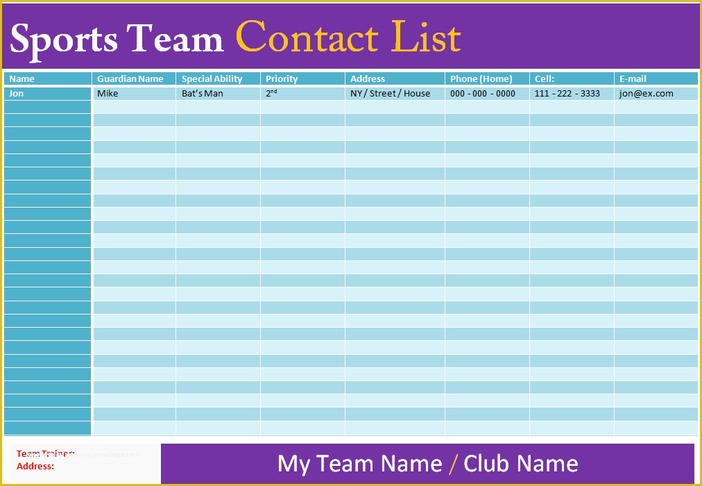 Call List Template Free Of Contact List Template Sports Team Dotxes