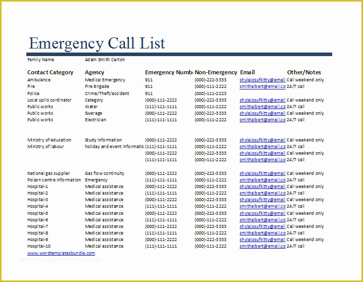 Call List Template Free Of Ms Excel Emergency Call List Template