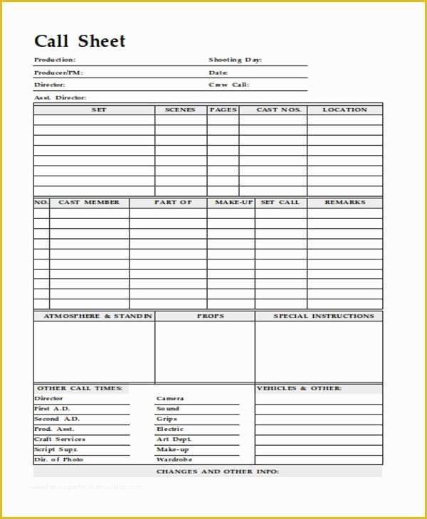 Call Sheet Template Free Of 11 Call Sheet