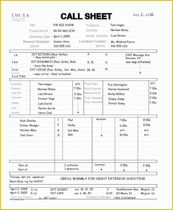 Call Sheet Template Free Of 11 Call Sheet