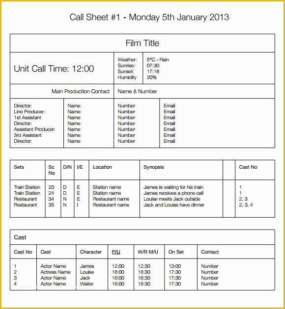 Call Sheet Template Free Of 9 Sample Call Sheet Templates