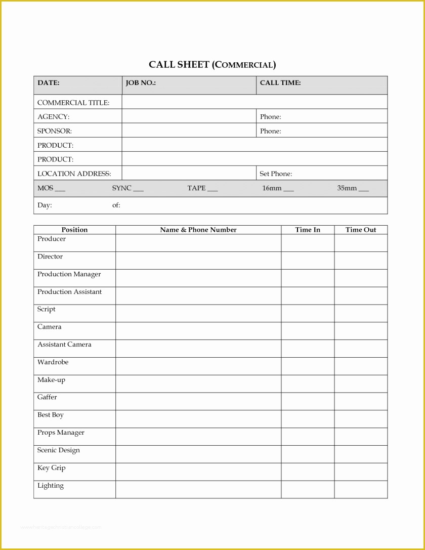 Call Sheet Template Free Of Call Sheet Template Free