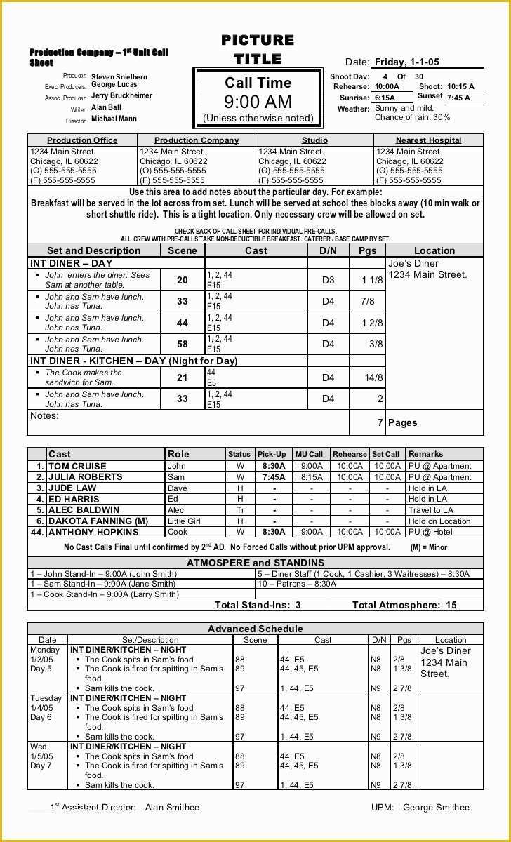 Call Sheet Template Free Of Call Sheet Template