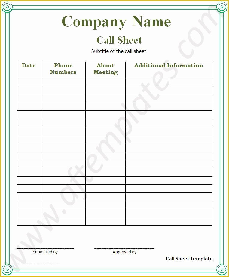 Call Sheet Template Free Of Call Sheet Template