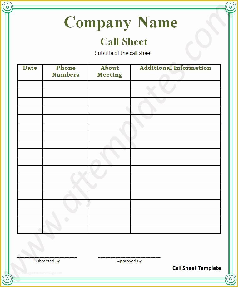 Call Sheet Template Free Of Call Sheet Template