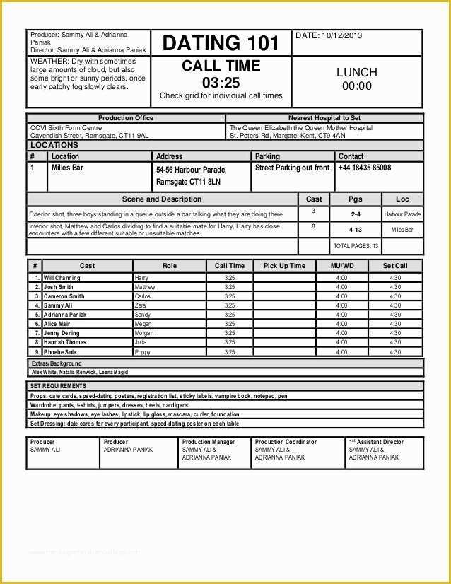 Call Sheet Template Free Of Call Sheets by Don Rorke March On