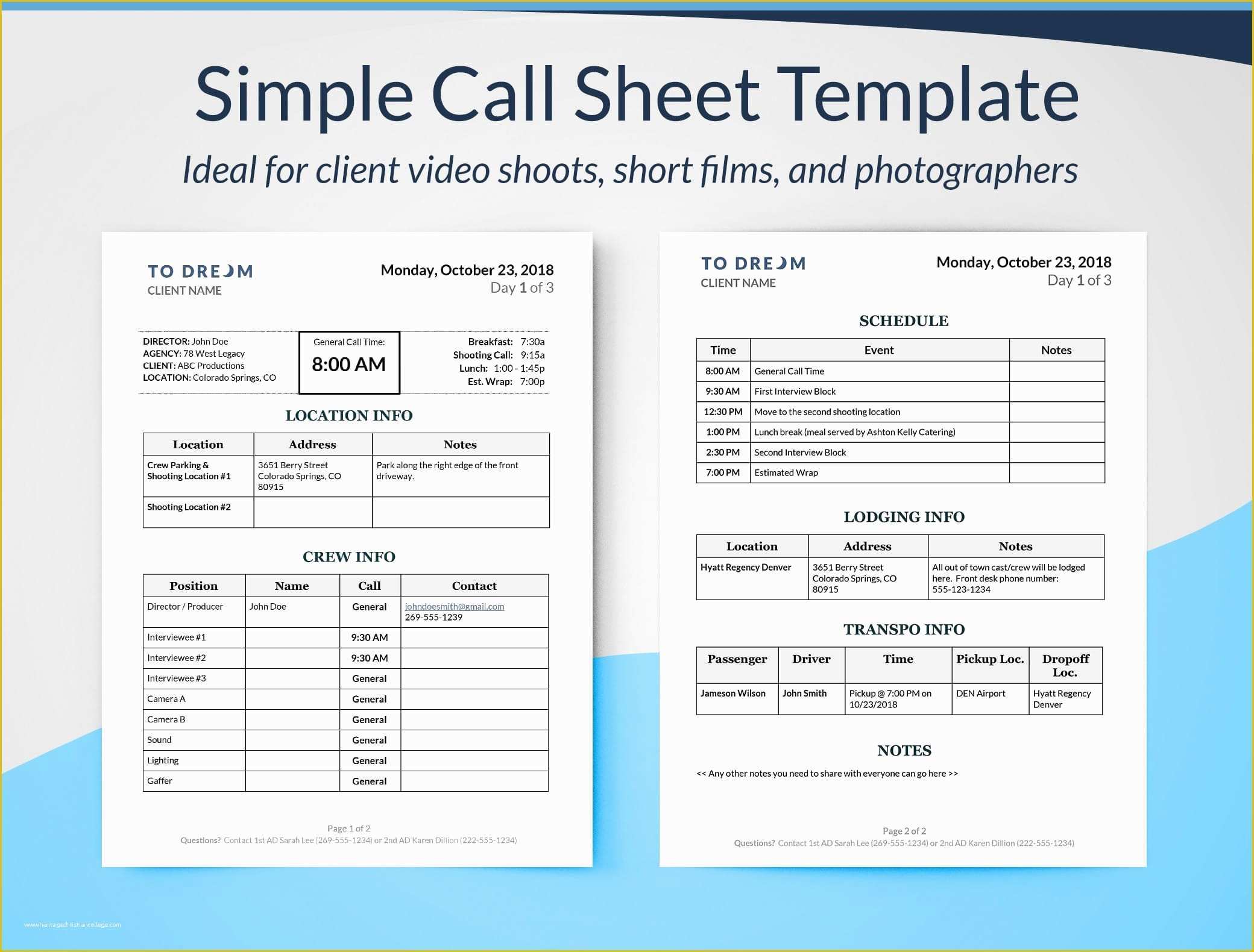 Call Sheet Template Free Of Simple Call Sheet Template Word Doc