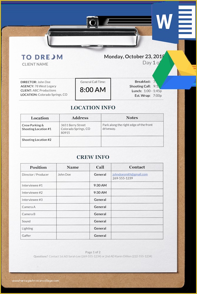 Call Sheet Template Free Of Simple Call Sheet Template Word Doc