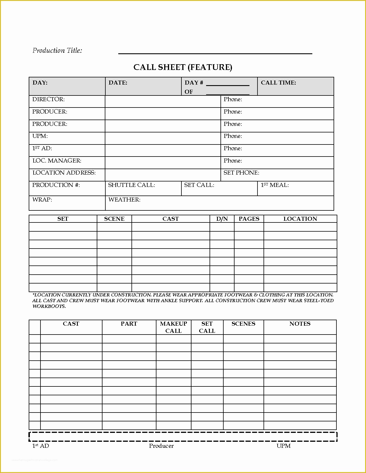 Call Sheet Template Free Of Template Call Sheet Template