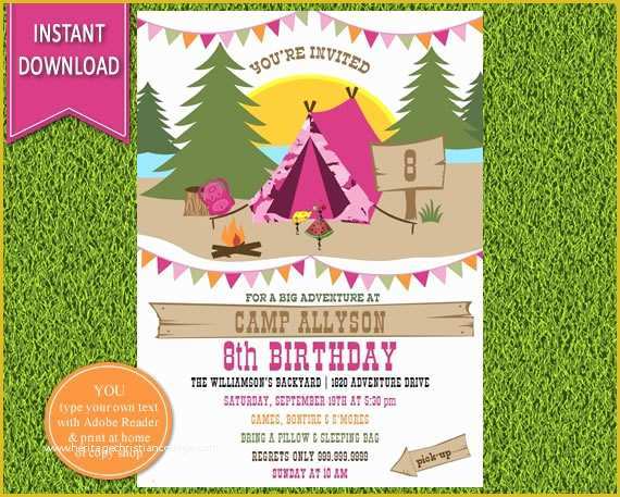 Campfire Invitation Template Free Of Girl S Camping Birthday Invitation Camping Invitation