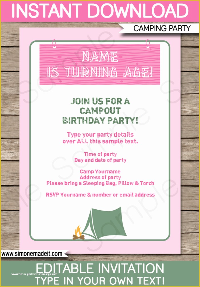 Camping Invitations Templates Free Of Pink Girl Camping Birthday Party Invitations Template