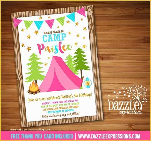 Camping Invitations Templates Free Of Printable Pink and Gold Glamping Birthday Invitation